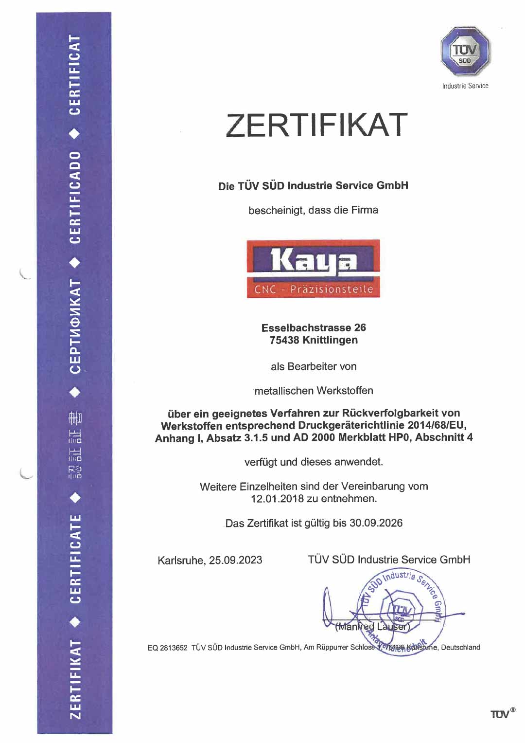 Zertifikat TÜV-Umstempelung